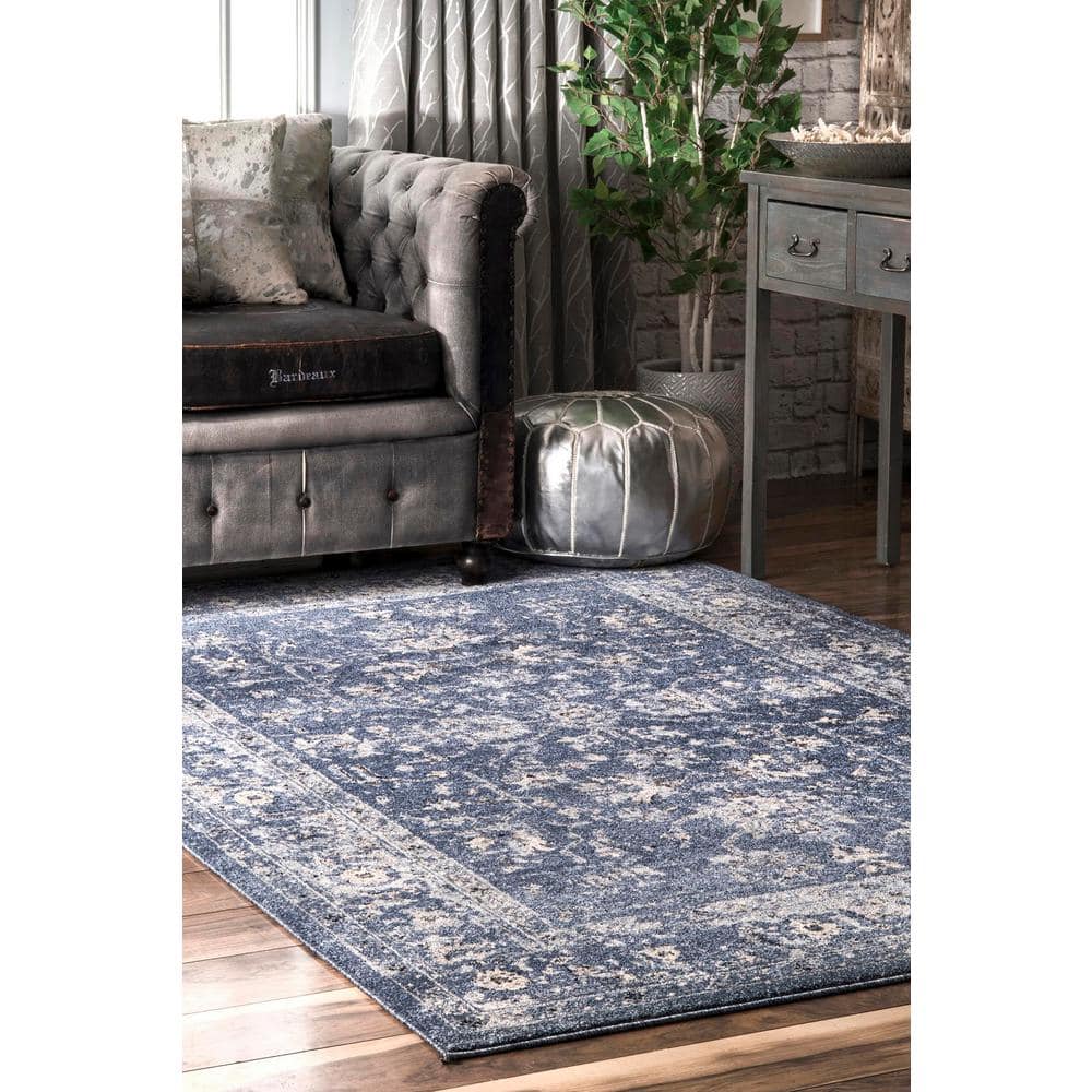 Blue Distressed Floral Synthetic 4' x 6' Area Rug