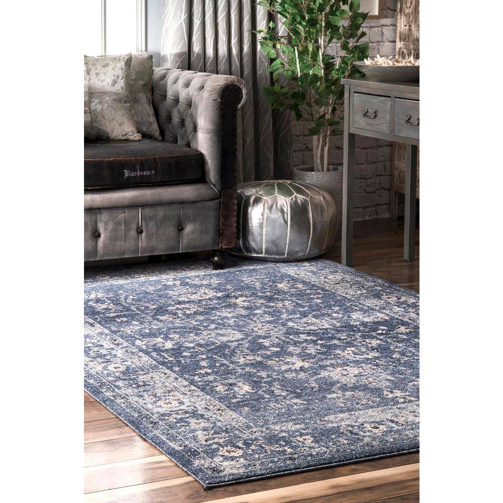 Reversible Vintage Florid Blue Synthetic 9' x 12' Area Rug