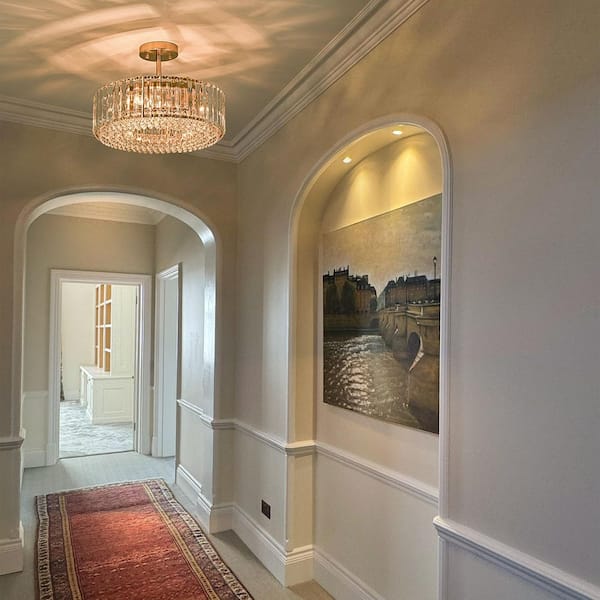 Orillia 15.74 in. 4-Light Contemporary Drum Gold Semi Flush Mount Ceiling Light with Crystal Shade