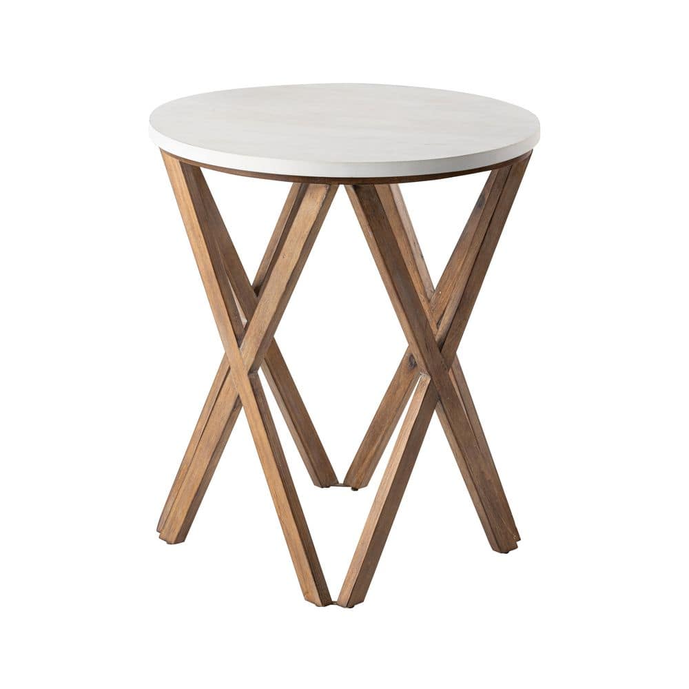 Round Distressed White and Natural Wood Pedestal End Table