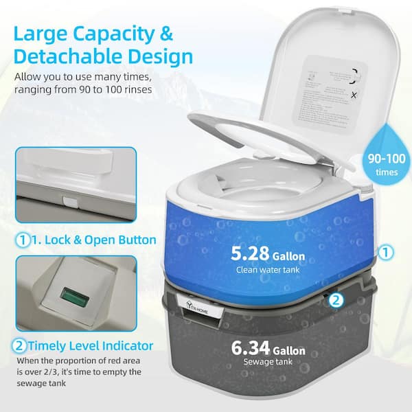 5.28 Gal. Gray Portable Toilet No Leakage Outdoor Camping Flush Toilet with Waste Tank