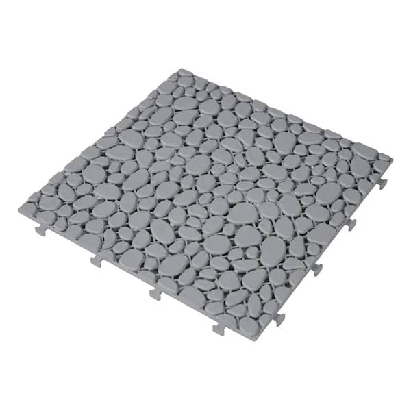 Runesay 12 in. x 12 in. Gray Interlocking Deck Tiles Plastic Waterproof Pebble Stone Pattern Pack of 12