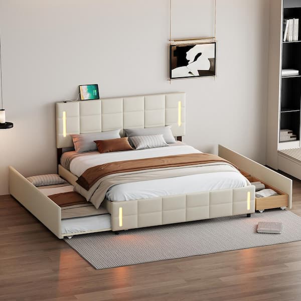 Harper & Bright Designs Beige Wood Frame Queen Size Upholstered Platform Bed with Trundle, Drawers, Smarter LED and USB Ports