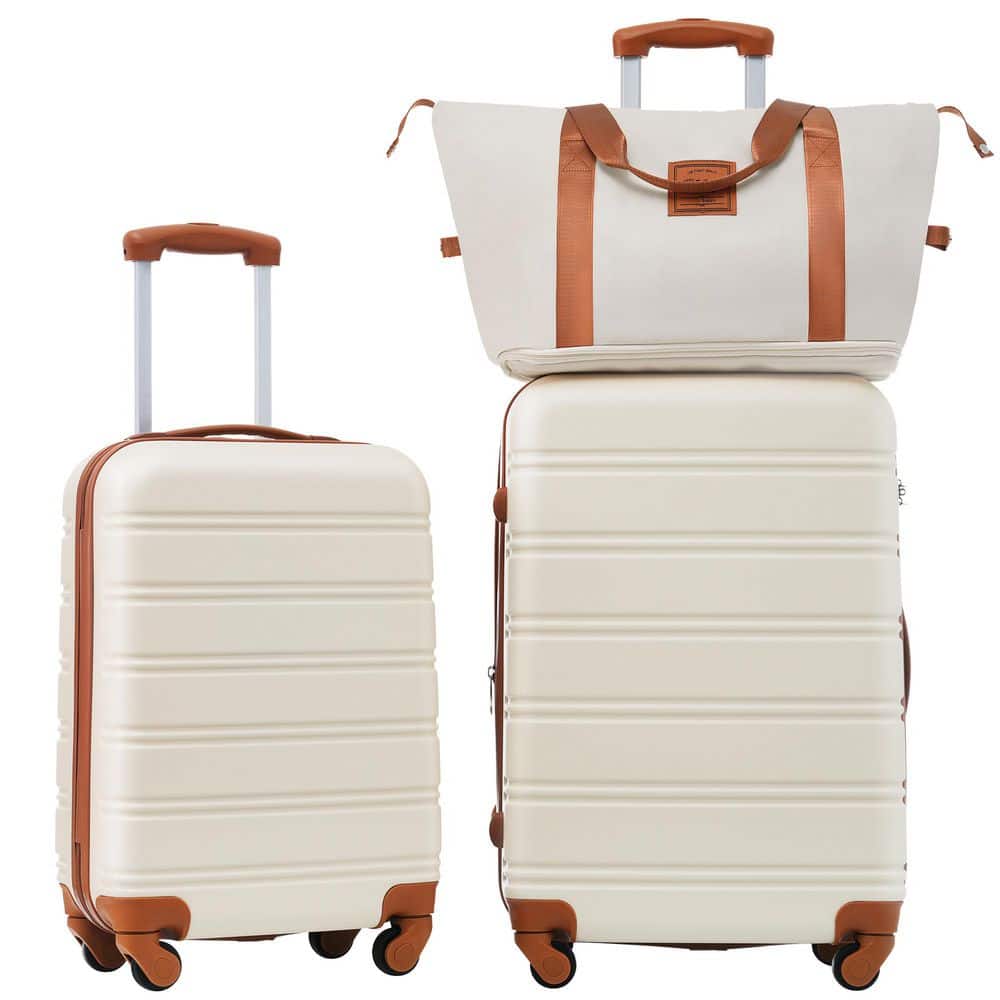 2-Piece Brown & White ABS Hardside Lightweight Luggage Set with Horizontal Stripe, TSA Lock and Duffel Bag (20 in.+24")