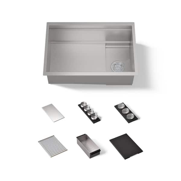 Synthos 27.75 in Undermount Single Bowl Stainless Steel Workstation Kitchen Sink with Paper Composite Accessory Bundle