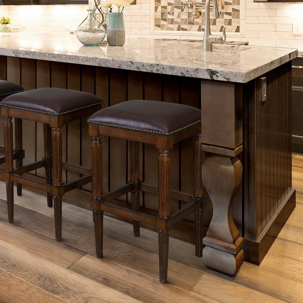 Distressed Walnut 30" Backless Bar Stool with Faux Leather Seat