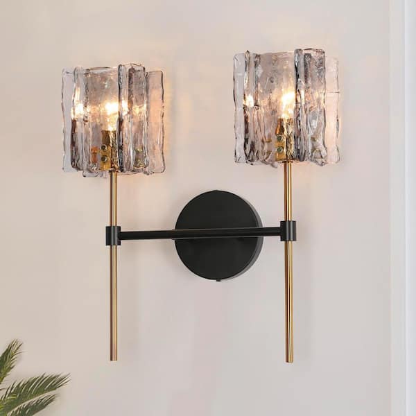 LNC Echonalyri Modern 2-Light Glam Matte Black and Plating Brass Vanity Light with Geometric Textured Glass Shades