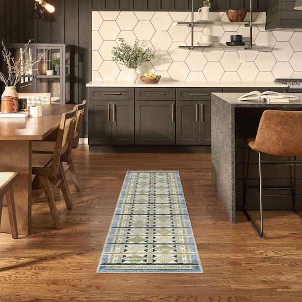Nordic Green Blue 2 ft. x 6 ft. Geometric Contemporary Runner Area Rug