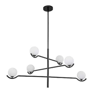 6-Light Black Mid-century Tiered Sputnik Chandelier with White Opal Glass, Adjustable height and G9 Bulb Included