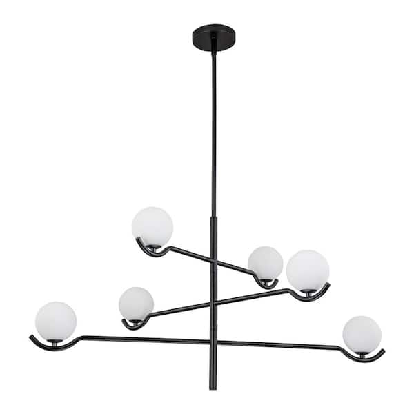 C Cattleya 6-Light Black Mid-century Tiered Sputnik Chandelier with White Opal Glass, Adjustable height and G9 Bulb Included