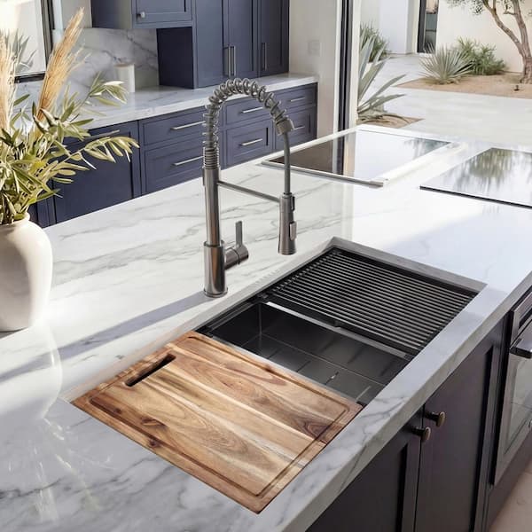 33 in. Undermount Double Bowl 18 Gauge Gunmetal Black Stainless Steel Workstation Kitchen Sink