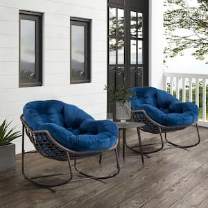 Patio Brown Wicker Outdoor Rocking Chair with 1-Blue Cushion