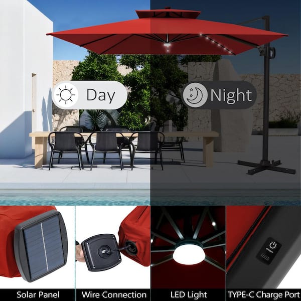 Double Top 11.5 ft. x 9 ft. Rectangular Aluminum Solar LED Tiltable Cantilever Patio Umbrella in Red with 350 lbs. Base