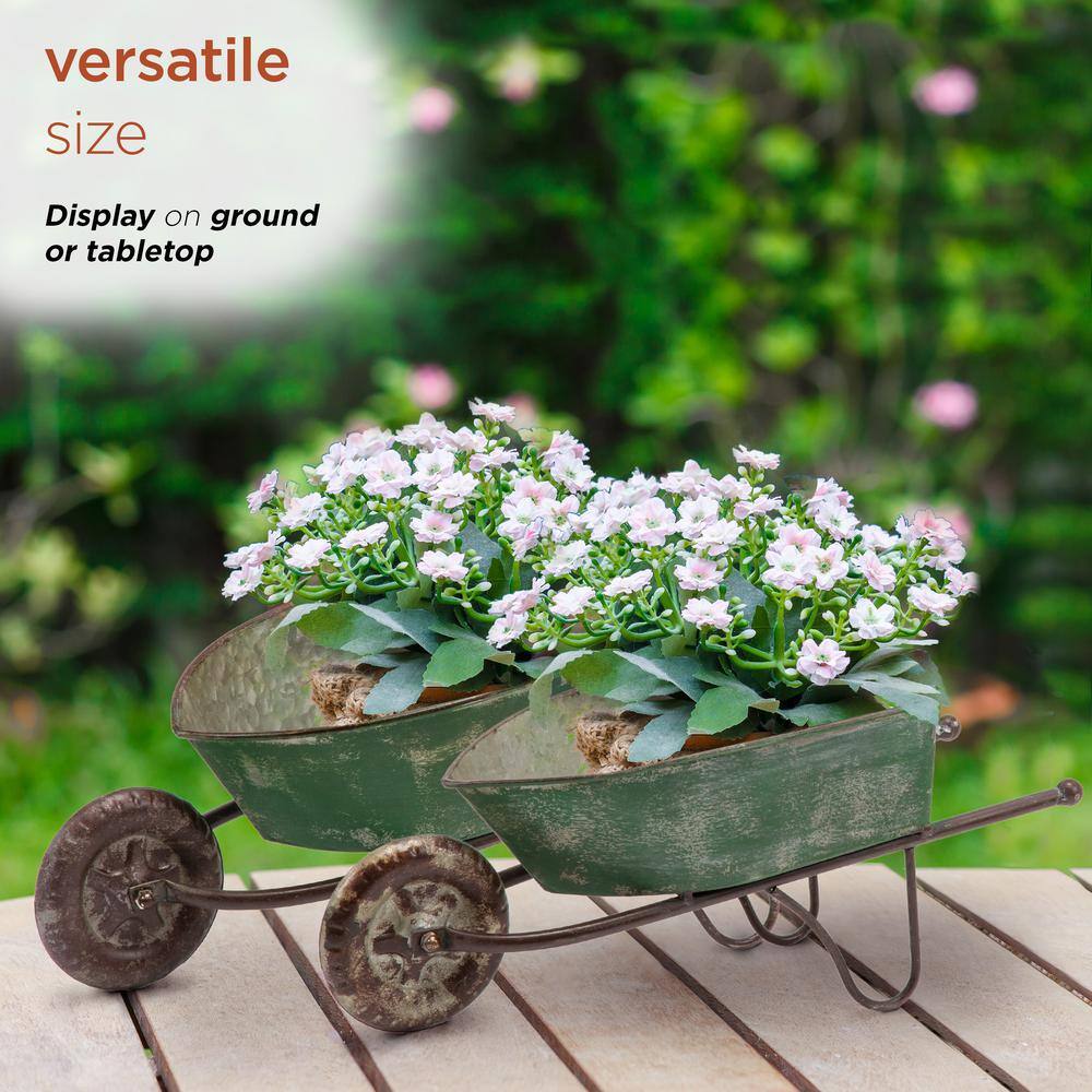 Set of 2 Green Rustic Iron Wheelbarrow Planters