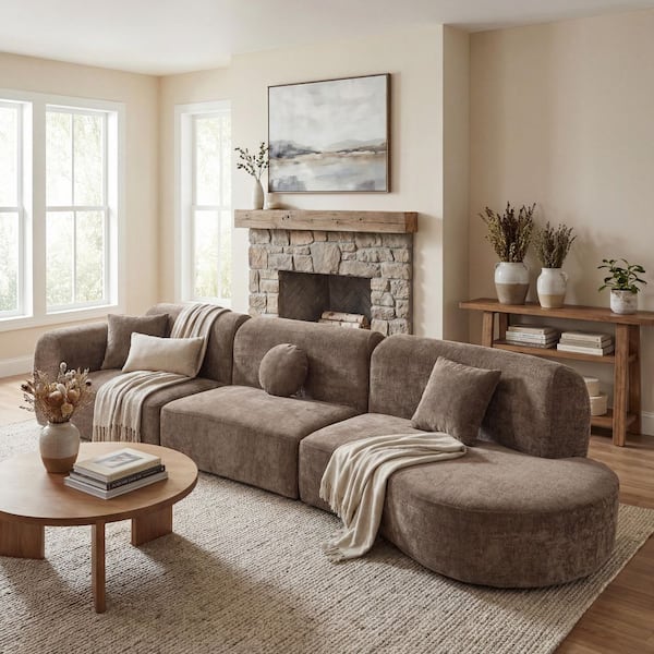 Harper & Bright Designs 140 in. Modern 3-piece Polyester Curved Sectional Sofa with Fully Compressed Sponge and Chaise Lounge in Brown NH767007D