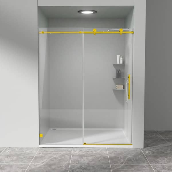 56-60" W x 74" H Frameless Single Sliding Shower Door in Brushed Gold with 5/17" Clear Glass Soft-Close Easy Install