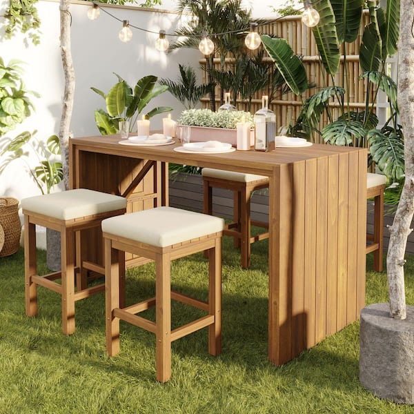 5-Piece Acacia Wood Outdoor Serving Bar Set, Patio Dining Bar Set with Beige Cushions