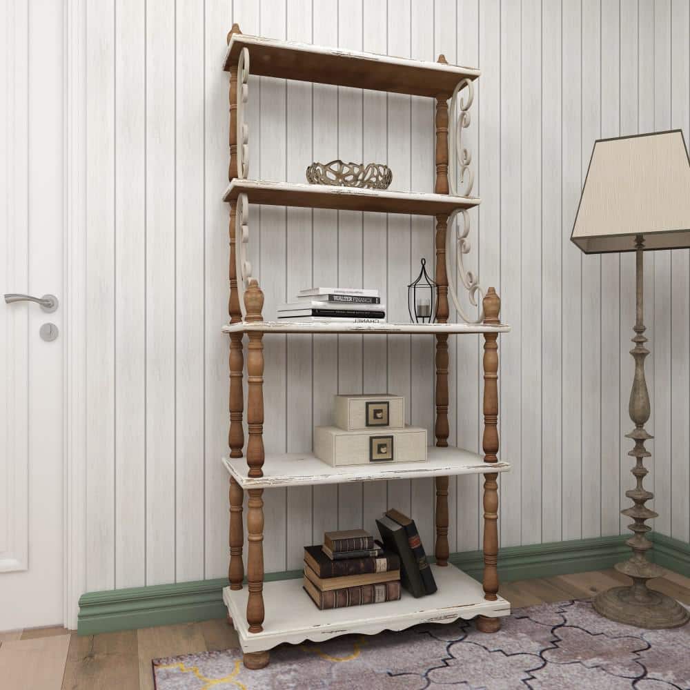 75" White and Brown Wood 5-Tier Farmhouse Baker's Rack
