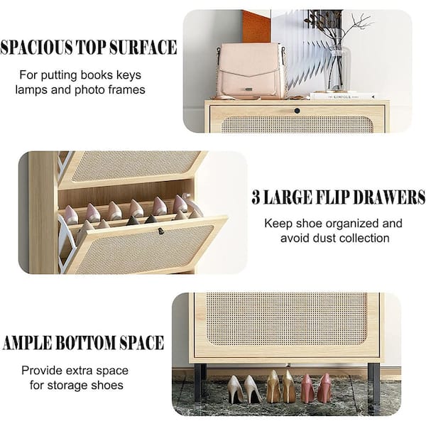 Magic Home Natural Rattan Functional Flip Drawers Freestanding Shoe Cabinet  3 Door Shoe Rack Entryway Organizer for Entryway OWS-ZC300 - The Home Depot