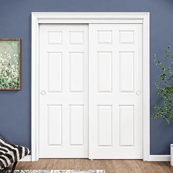 60 in. x 80 in. 6-Panel White Primed MDF Composite Sliding Door with Hardware