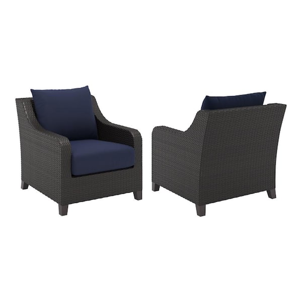 Benjara Skye Brown Wicker Outdoor Lounge Chair with Blue Cushions (2-Pack)