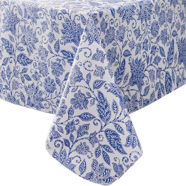 60 in. W x 84 in. L Blue Floral Vinyl Tablecloth for Dinner Decor