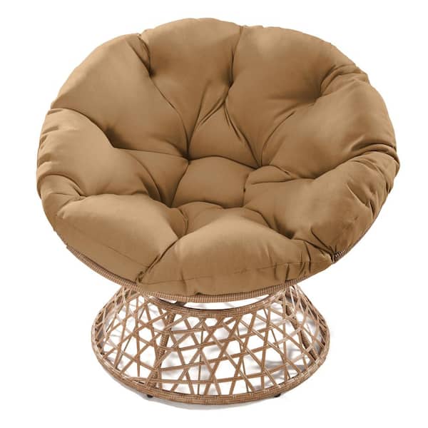 Wicker Outdoor Lounge Chair with Camel Cushions and 360° Swivel Base, Sturdy Frame