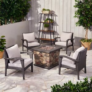 Kanihan Grey 5-Piece Faux Rattan Patio Fire Pit Seating Set with Light Grey Cushions