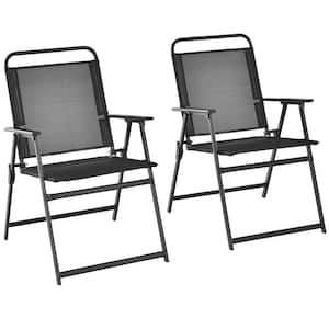 2-Pieces Black Patio Folding Chairs Heavy-Duty Metal Frame Armrests Portable Outdoor