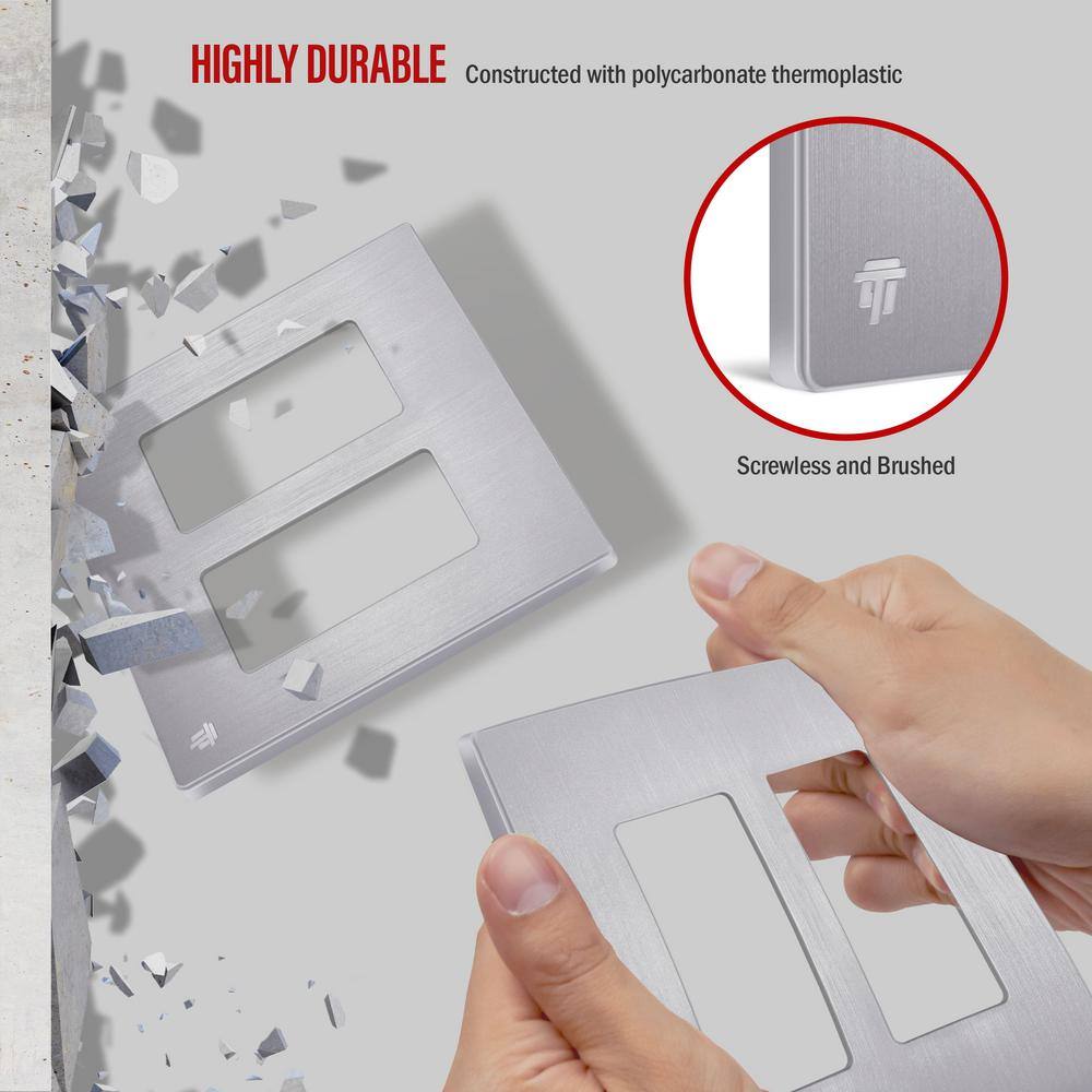 Brushed Silver 2-Gang Screwless Decorator Wall Plate