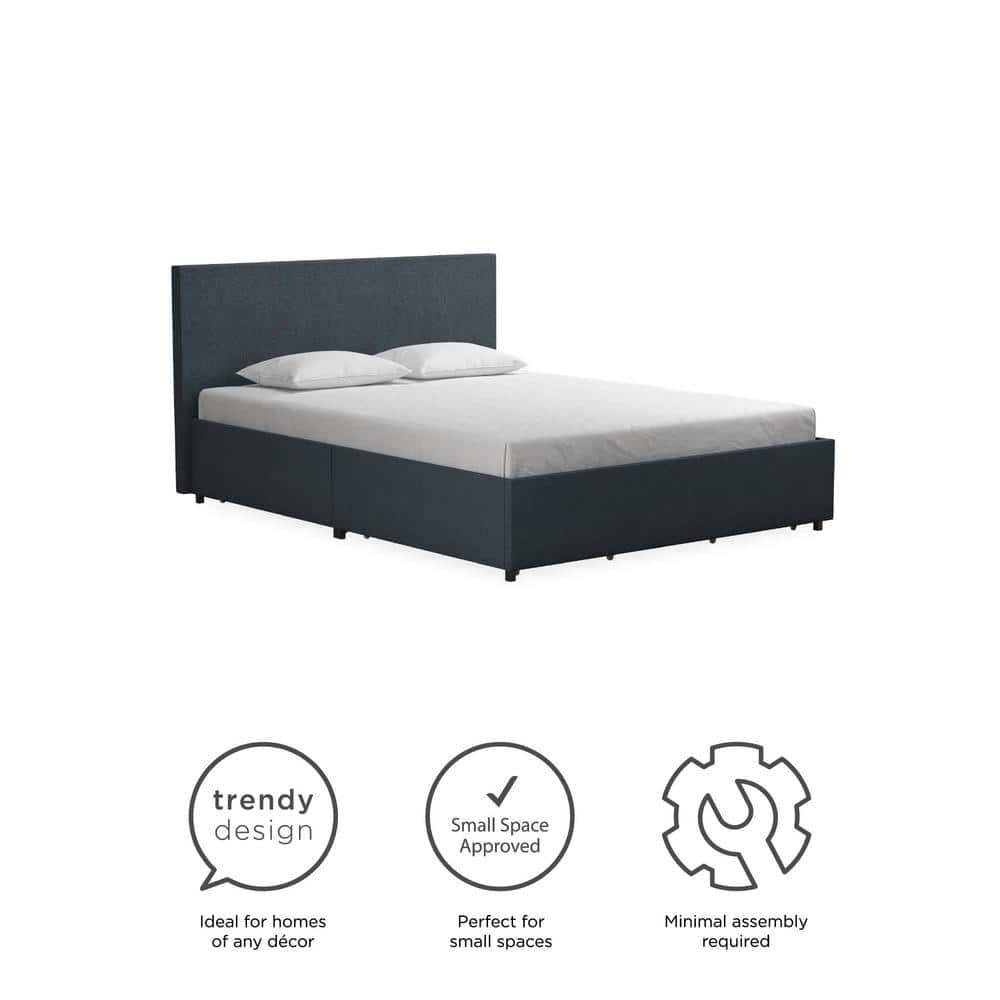 Elegant Navy Blue Linen Queen Storage Bed with Upholstered Headboard