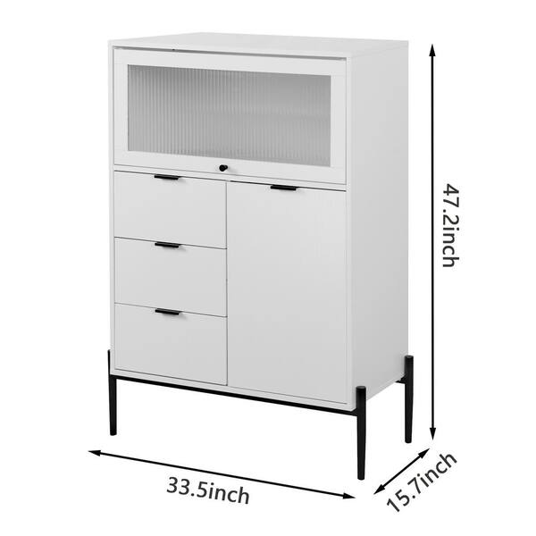 FUNKOL 33.46 in. x 15.74 in. x 47.2 in. White Particleboard Ready to Assemble Kitchen Cabinet w/1 Glass Door 3-Drawers & 1-Door