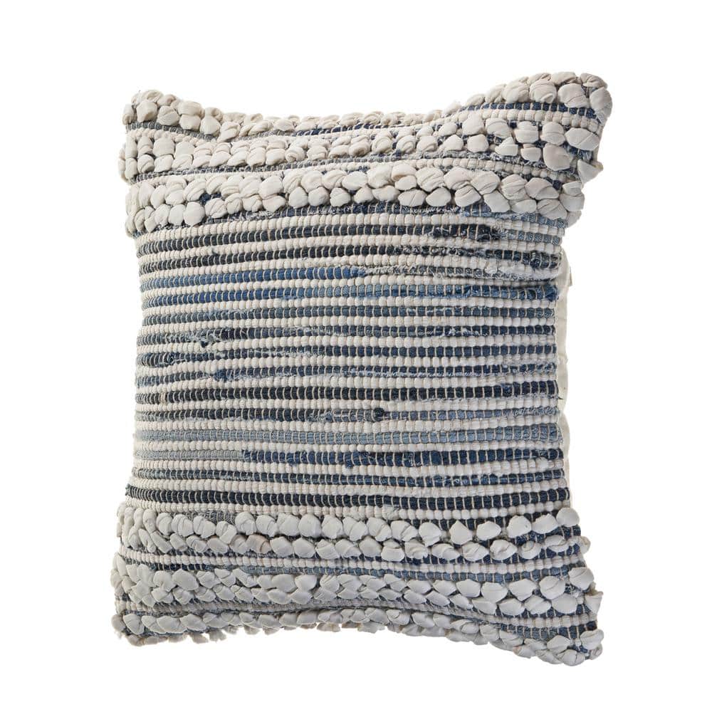 Blue and Ivory Striped Cotton Blend Square Throw Pillows, Set of 2