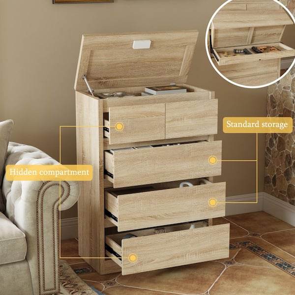 FUFU&GAGA Light Oak 5-Drawer 31.5 in. Chest of Drawers with Hidden