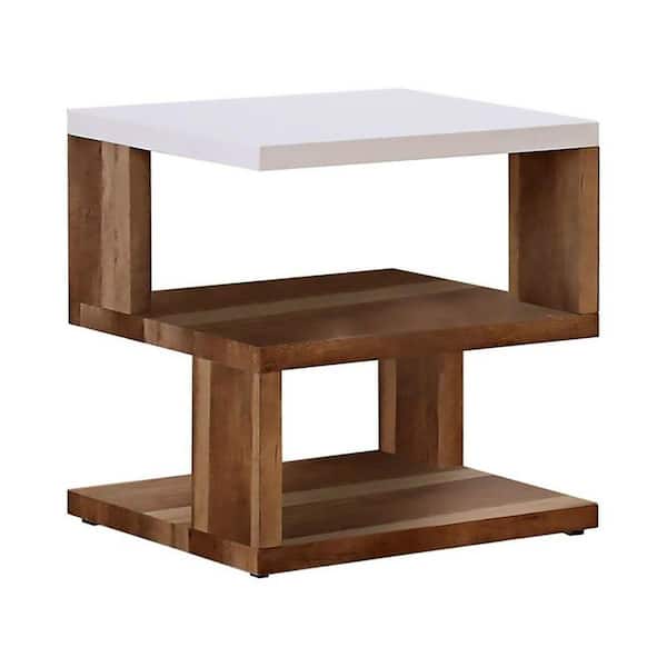 Benjara 22 in. White and Brown Rectangle Wood End Table with 2 Tier Shelves and Panel Legs