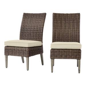 Rock Cliff Brown Stationary Wicker Outdoor Patio Armless Dining Chair with CushionGuard Putty Tan Cushions (2-Pack)