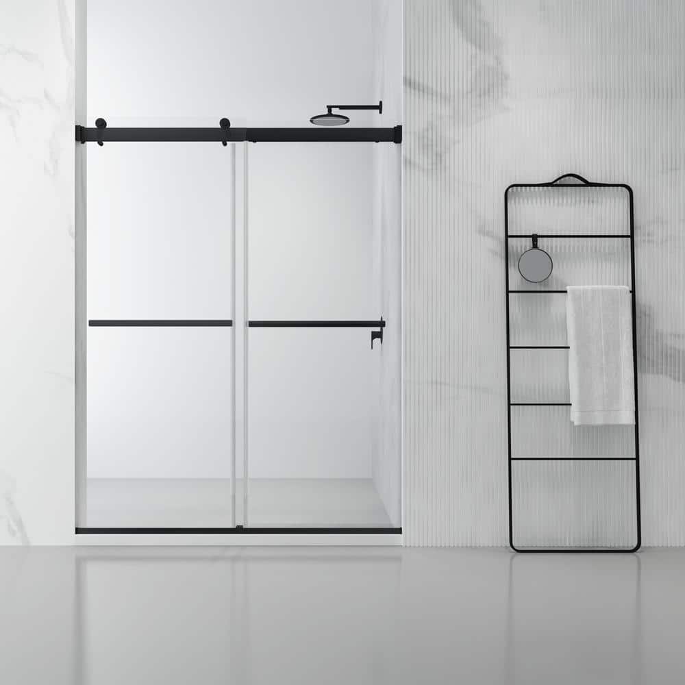 48 x 76 Matte Black Frameless Sliding Shower Door with Clear Glass