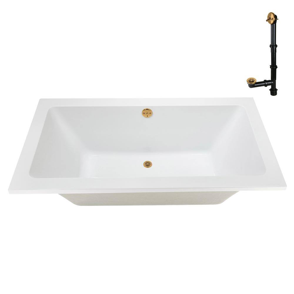 60" x 32" Glossy White Acrylic Soaking Drop-In Bathtub with Brushed Gold Drain