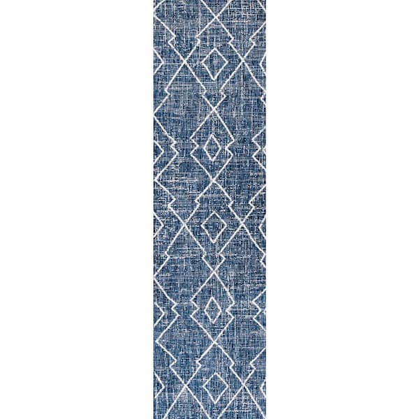 Carwa Blue/Ivory 2 ft. x 8 ft. Tribal Diamond Trellis Indoor/Outdoor Area Rug