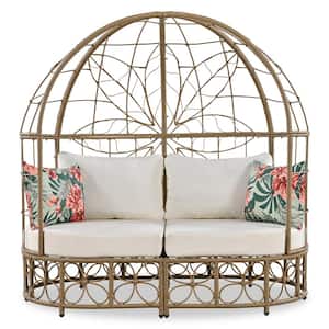 59.8 in. Wicker Outdoor Day Bed Outdoor Sunbed with Colorful Pillows, Wicker Patio Daybed With Curtain and Beige Cushion