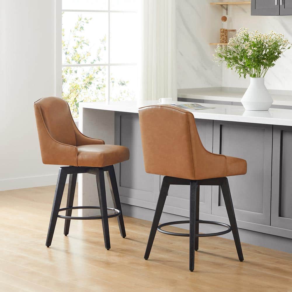 Cognac Brown 26'' Swivel Counter Stools with Nailhead Trim, Set of 2