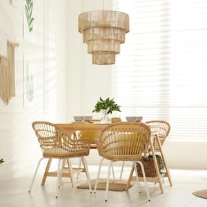 5-Light Distressed Gold Oversize Pendant Light with Rattan Shade (4-Tiered)