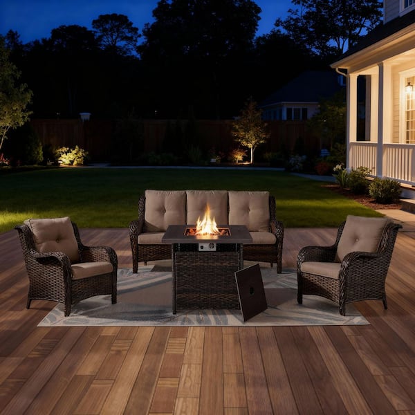 4-Piece Brown Wicker Patio Conversation Set, Sofa, Outdoor Single Chairs and Fire Pit Table with Gray Cushions