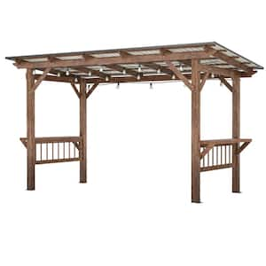 13.14 ft. x 6.52 ft. Brown Wooden Pergola Grill Gazebo with Metal Roof and Bulbs and Bar Counters