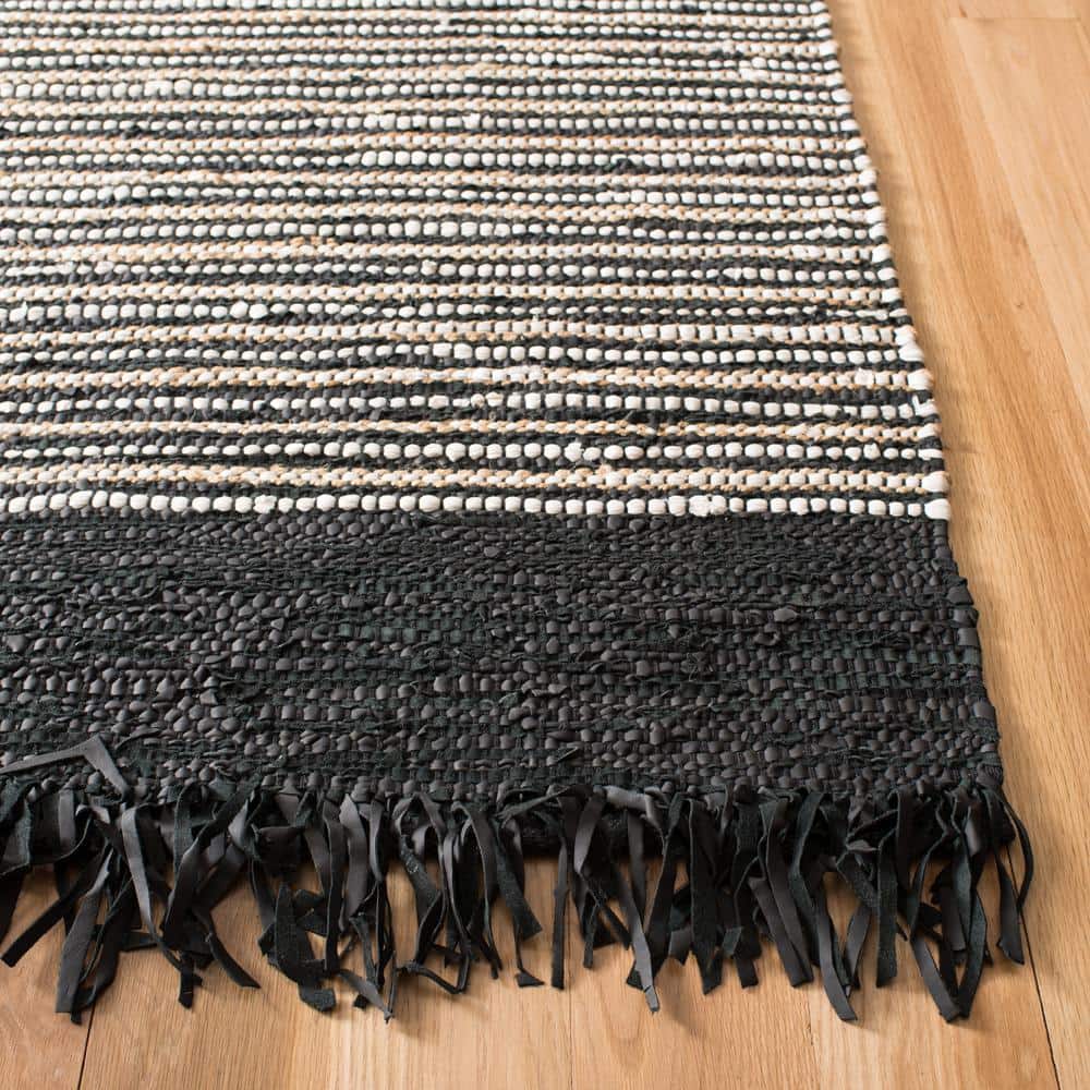 Handmade Black and Multi Leather Stripe Area Rug