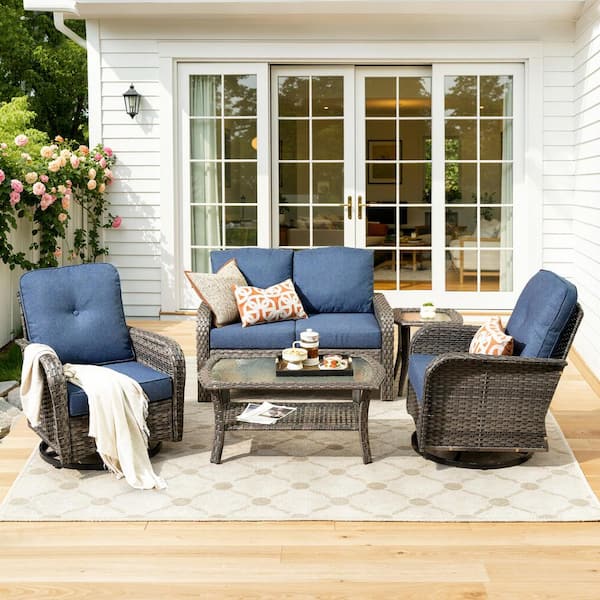 Meis Gray 5-Piece Wicker Patio Conversation Set with Denim Blue Cushions and Swivel Chairs