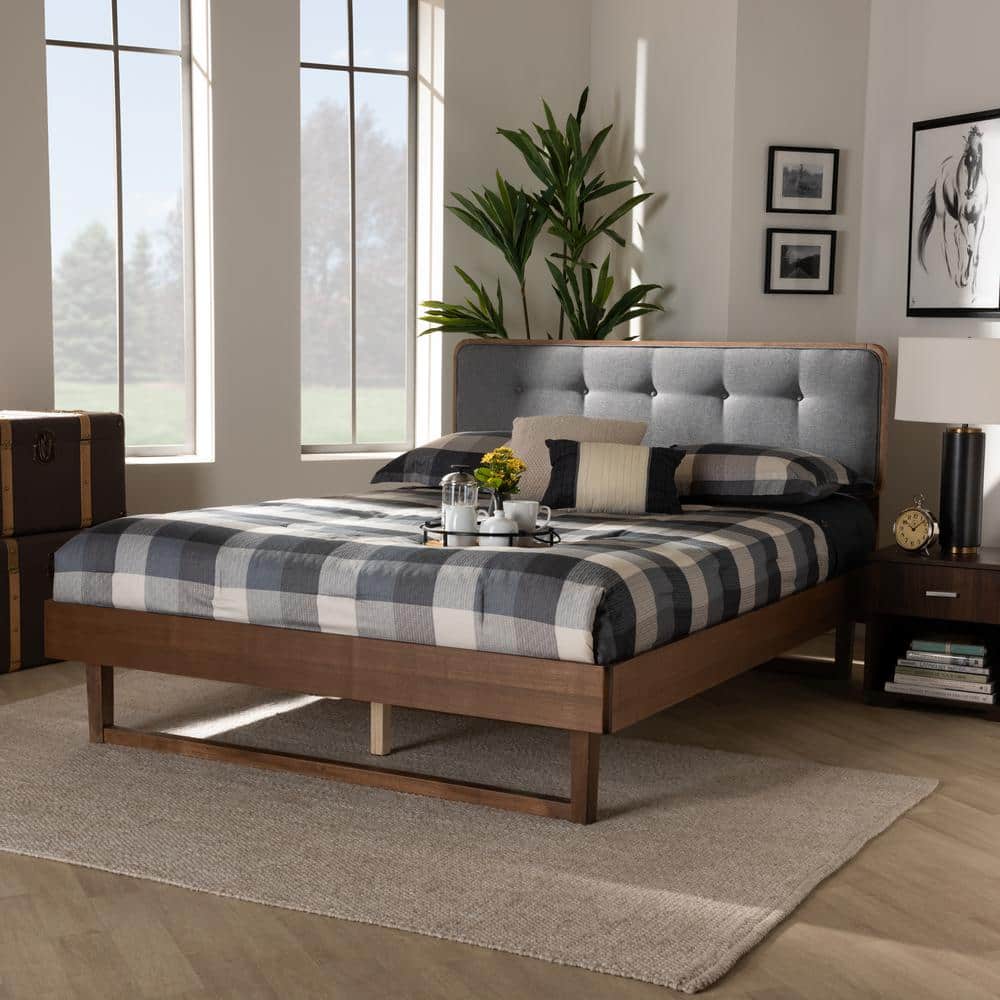 King Ash Walnut and Dark Gray Tufted Upholstered Bed with Slats