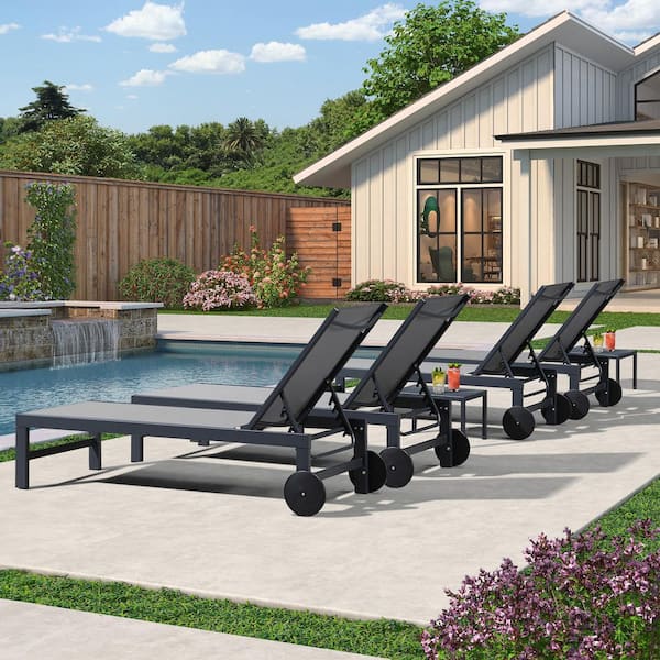 Textilene Fabric and Aluminum Frame Outdoor Chaise Lounge with Wheel and Side Table for Patio, Yard, Pool (4 pack)
