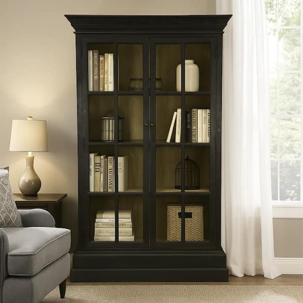 Geny 91 in. Tall Black Pine Wood 3-Shelf Standard Library Bookcase Cabinet with 2 Glass Door