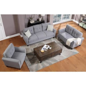 3-Piece Light Gray-Blue Linen Upholstered Living Room Set with Tufted Design